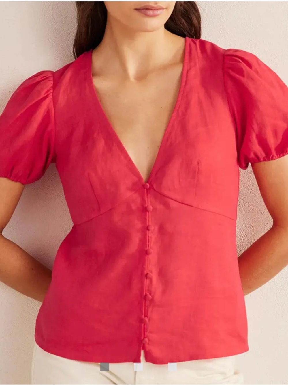 Boden Red V-Neck Linen Puff Sleeve Top